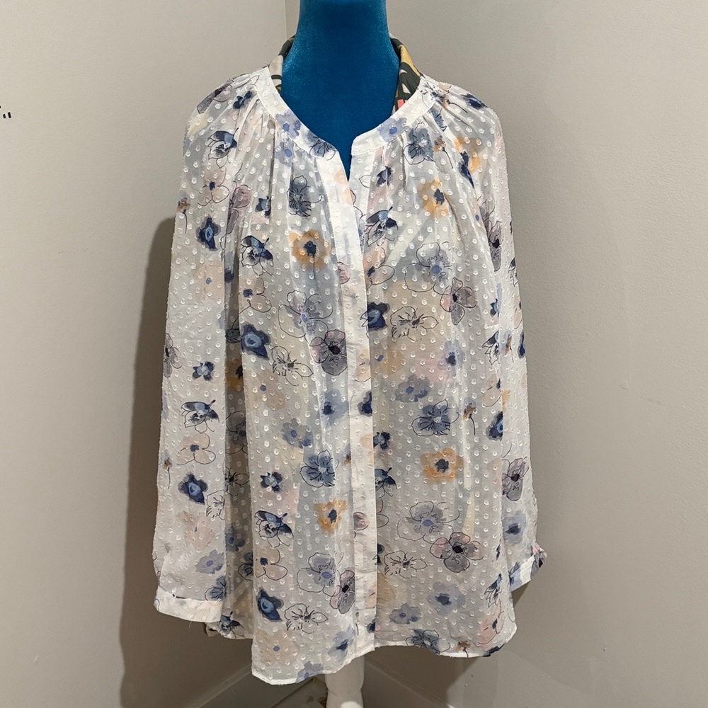 DR2 White Floral Blouse with Blue and Yellow Accents 2xL